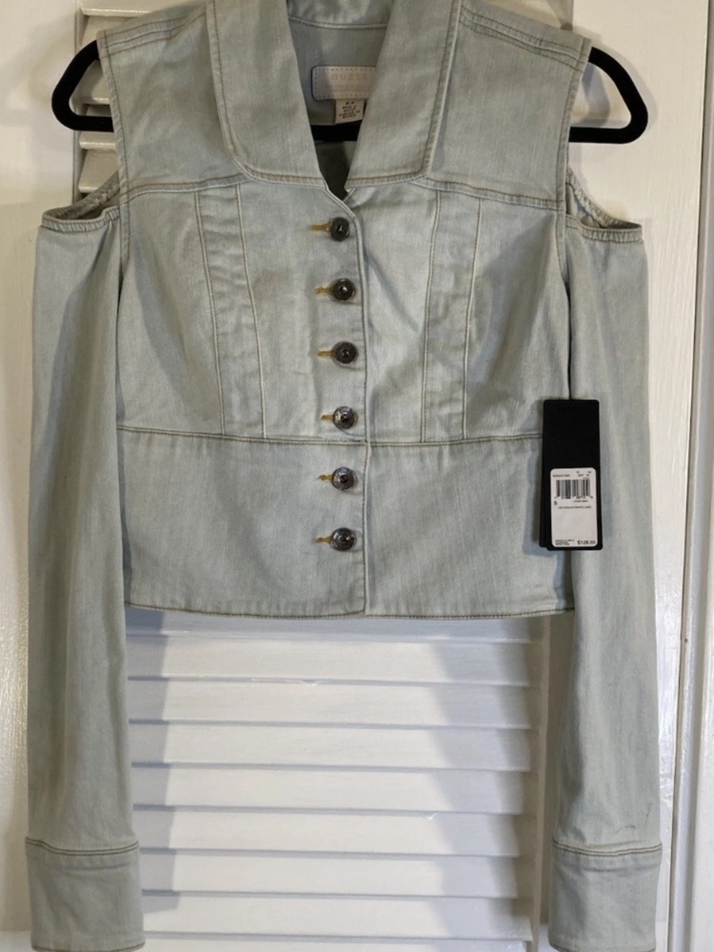 Guess Light Wash Denim Cold-Shoulder Crop Jacket